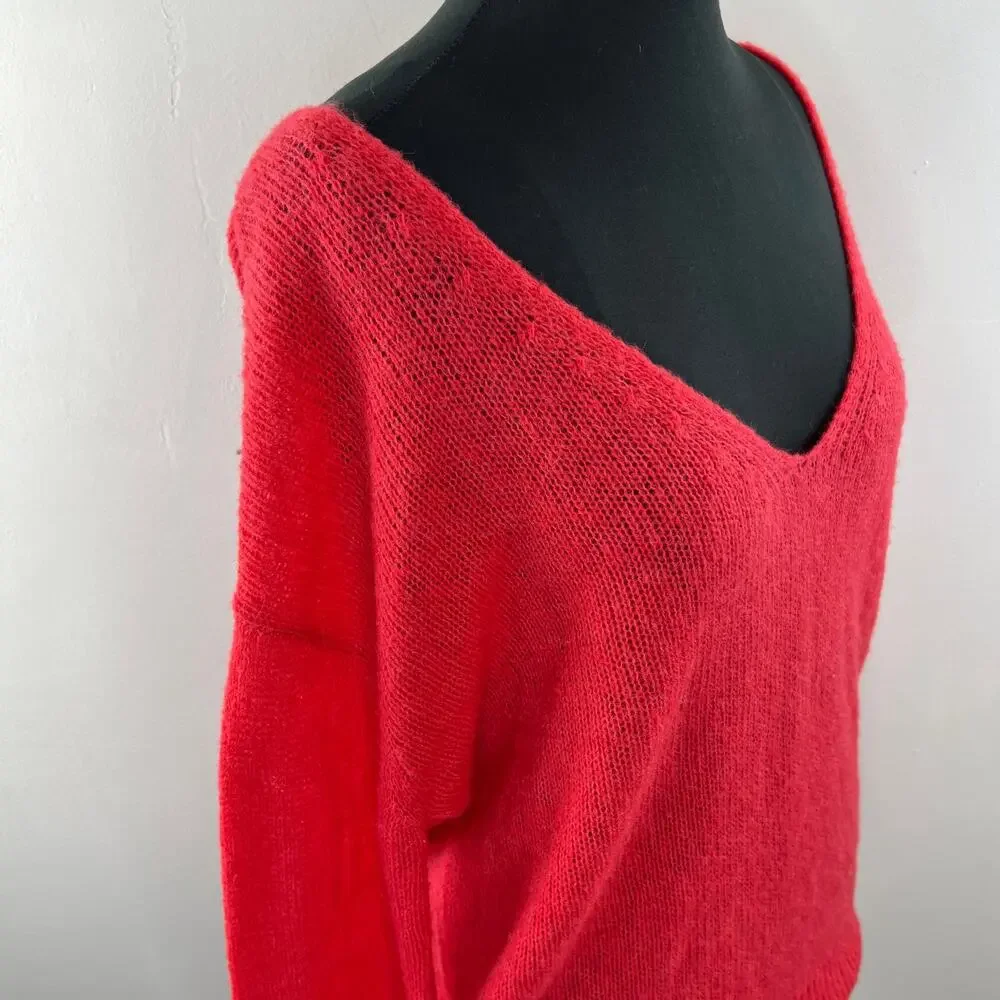 FREE PEOPLE Red Sweater Alpaca Gossamer Pullover V-Neck Size XS X-Small